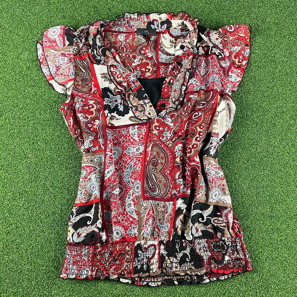 Vintage Y2K IZ Byer Red Black Layered Sheer Patchwork Print Ruffled Blouse Sz L